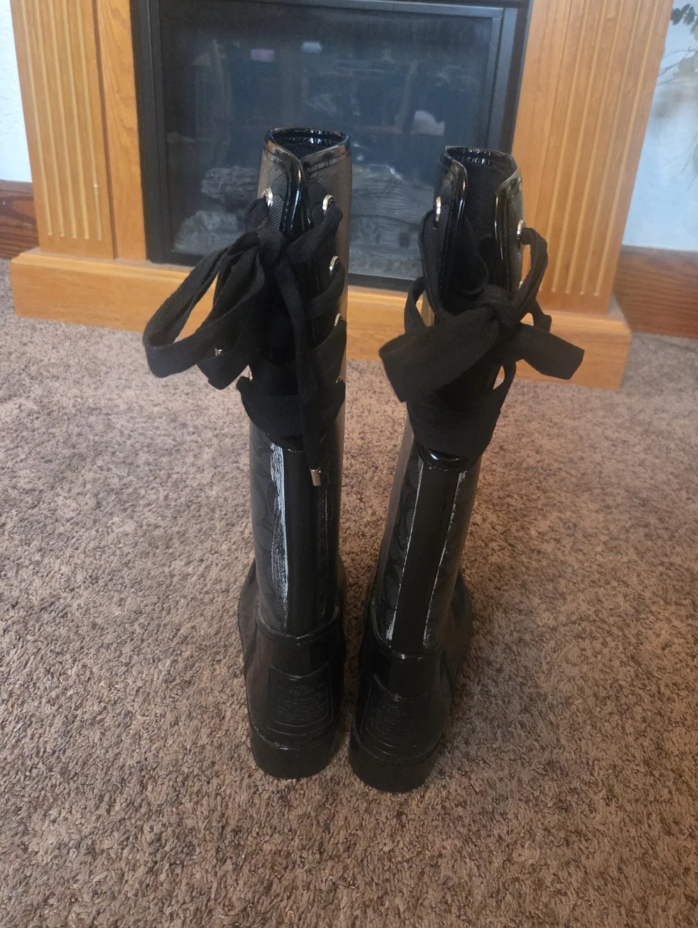 Coach Black Signature Logo Rain Boots with Lace-Up Detail